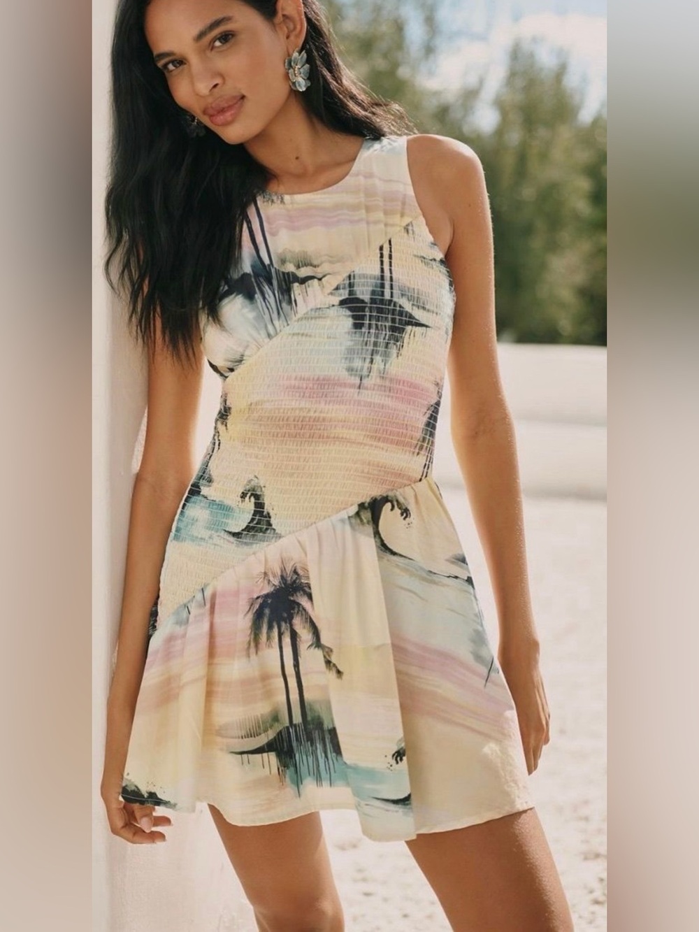 Celandine Sleeveless Pastel Palm-Print Sundress